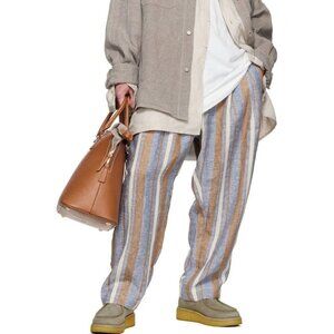 Hed Mayner Stripe Blue Brown Ivory Blend 6 Pleat Loose Fit Trouser Pants Size M